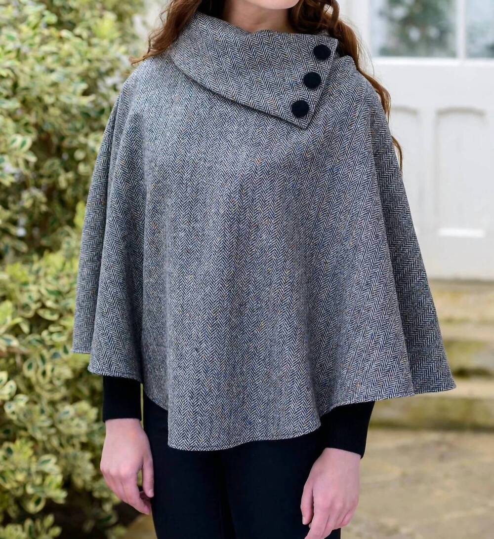 NEW MUCROS WEAVERS wool button poncho in grey herringbone